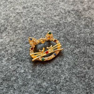 Crystal and Gold Cat Pin; Cat Brooch